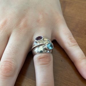 Sterling silver, bezel set amethyst, and blue topaz ring. US size 5.5.